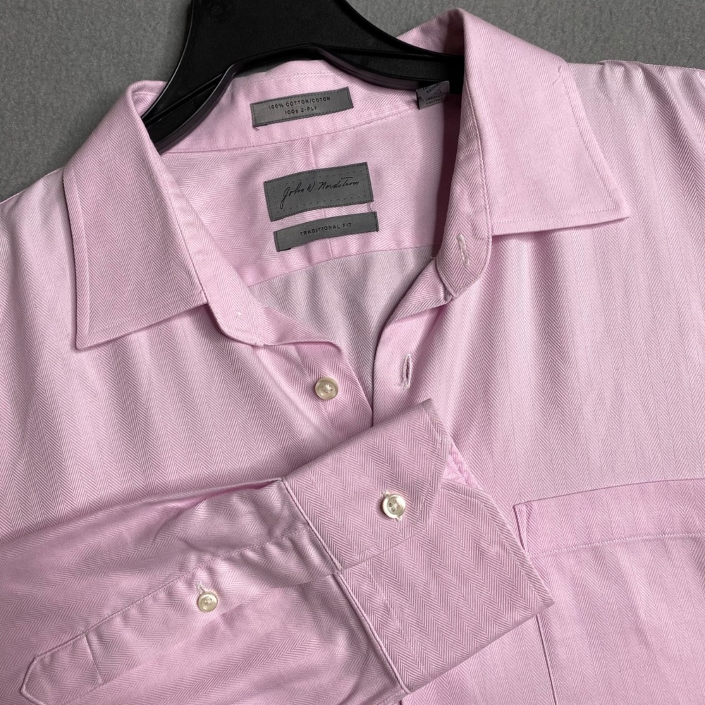 John W Nordstrom Pink Herringbone Cotton Dress Shirt Traditional Fit 18‎ 35